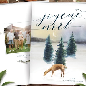 印刷可能なクリスマス カード テンプレート、Joyeux Noel 水彩ホリデー カード、折り畳みグリーティング カード、すぐに編集可能な DIY