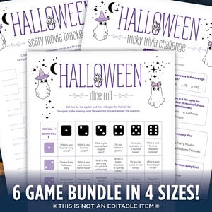 Paquete de juegos de Halloween imprimibles, juegos de fiesta de Halloween, búsqueda del tesoro de Halloween, juego de trivia de Halloween, clasificación de películas de terror