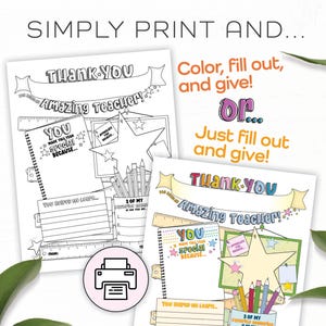 May include: Two printable thank you cards for teachers. The cards feature a star, pencils, and a ruler. The text on the cards reads "Thank You Amazing Teacher!" and "You made this year special because..."