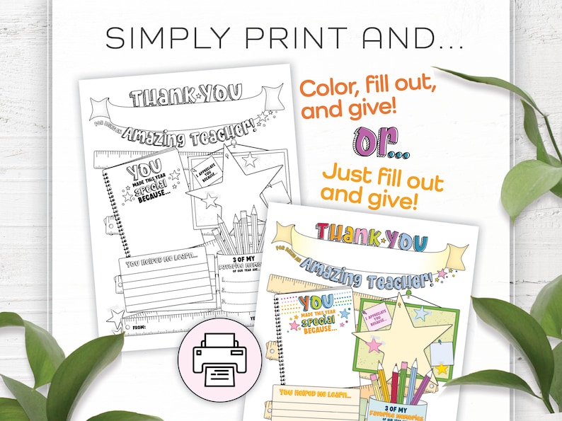 May include: Two printable thank you cards for teachers. The cards feature a star, pencils, and a ruler. The text on the cards reads "Thank You Amazing Teacher!" and "You made this year special because..."