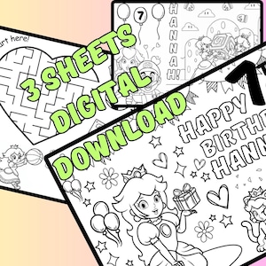 3 x Custom PRINCESS peach girls Birthday Coloring sheets DIGITAL DOWNLOAD activity placemat party bag favor kids Mario decor gamer girl