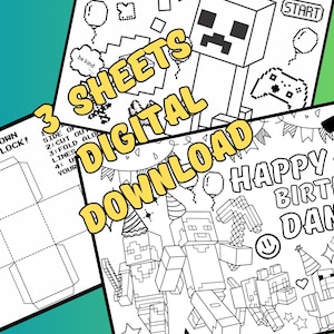 3 hojas para colorear personalizadas de cumpleaños del juego MINECRAFTER, descarga digital, mantel individual, relleno para bolsas de fiesta, recuerdo para niños, Chicken Jockey