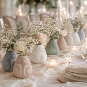 Puede incluir: Una mesa decorada con una fila de peque&ntilde;os jarrones acanalados en varios colores pastel, cada uno con flores blancas y vegetaci&oacute;n. Una vela encendida en un portavelas de cristal se encuentra sobre el mantel blanco, con m&aacute;s velas y cubiertos en el fondo.