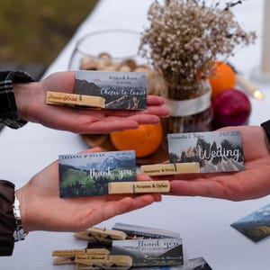 Cadeaux de mariage de plage en vrac, épingles à linge gravées personnalisées, cartes de remerciement montagne, décoration de douche nuptiale rustique