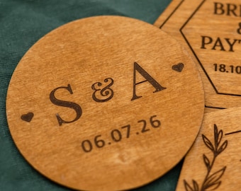 Wooden personalized coasters, bridal shower favors in bulk, classic wedding table decor, wedding stationery