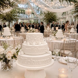May include: A three-tiered white cake on a fluted pedestal stand. The top tier features embossed daisy flowers, while the middle and bottom tiers display the embossed German text "Herzlichen Gl&uuml;ckwunsch" with small piped frosting accents.
