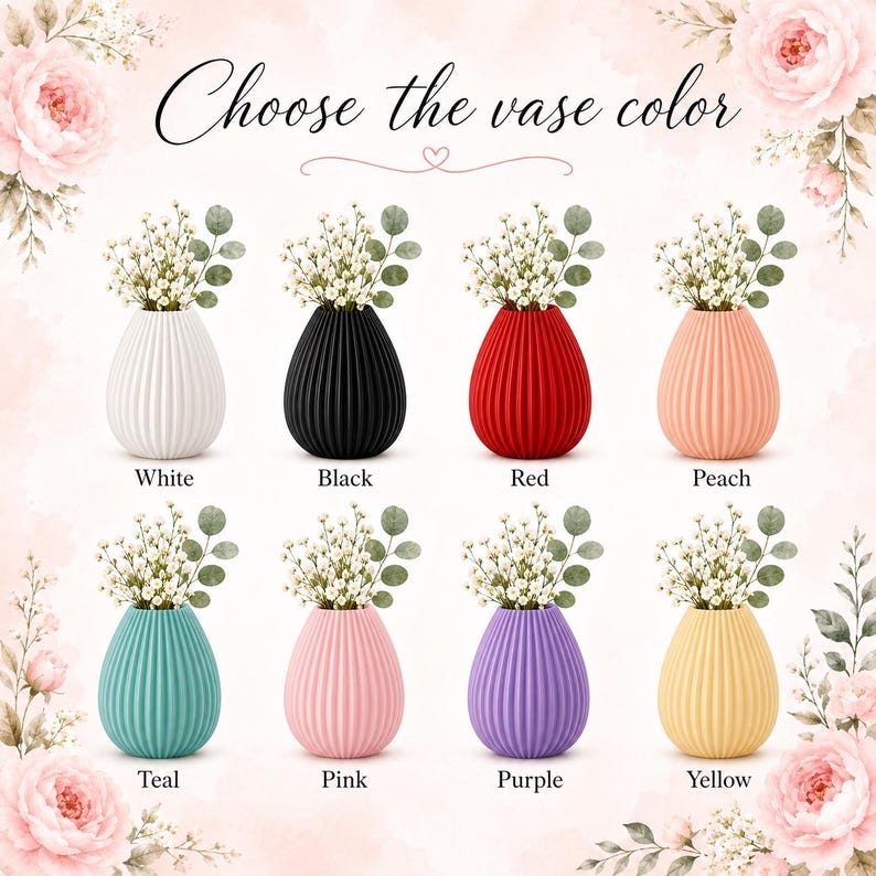 Puede incluir: Imagen de ocho jarrones acanalados en blanco, negro, rojo, melocot&oacute;n, turquesa, rosa, morado y amarillo. Cada jarr&oacute;n contiene un peque&ntilde;o ramo de flores blancas. El texto "Choose the vase color" est&aacute; en la parte superior.