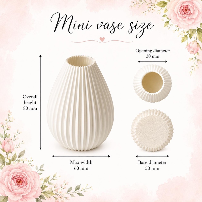 Puede incluir: Un mini jarr&oacute;n blanco y acanalado con dimensiones mostradas. Altura total 80 mm, ancho m&aacute;ximo 60 mm, di&aacute;metro de la base 50 mm y di&aacute;metro de apertura 30 mm. El texto "Mini vase size" est&aacute; en la parte superior.