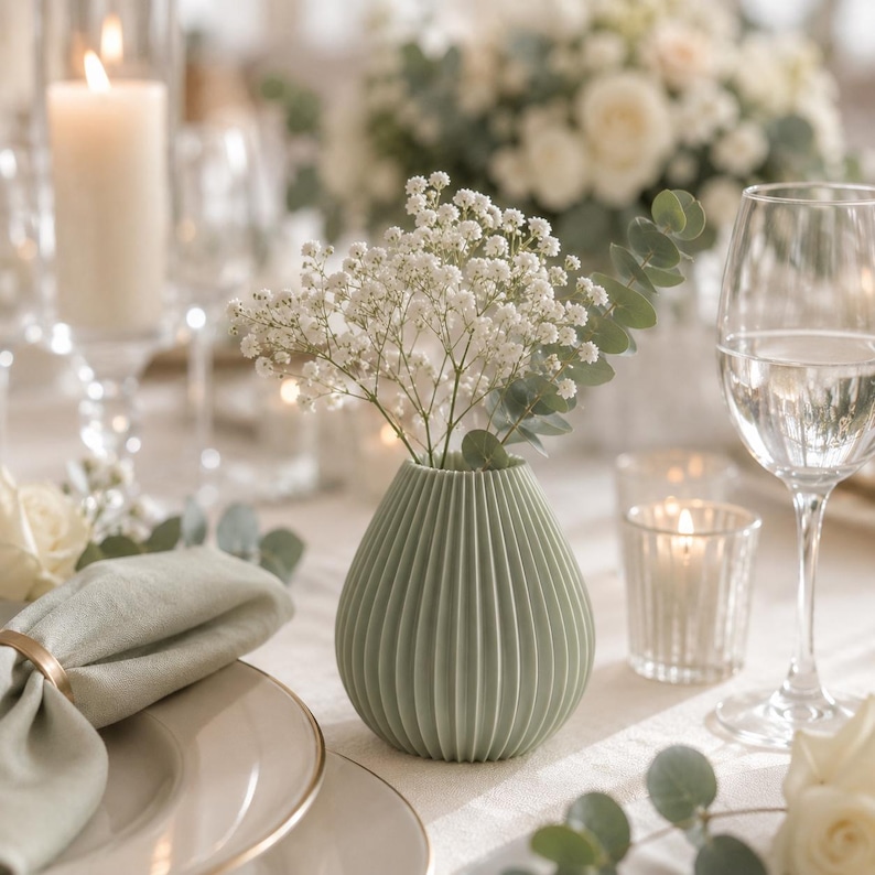 Puede incluir: Un jarr&oacute;n de cer&aacute;mica verde salvia, acanalado, contiene flores blancas y vegetaci&oacute;n en una mesa festiva. La mesa est&aacute; decorada con velas, cristaler&iacute;a y una servilleta doblada con un anillo dorado.