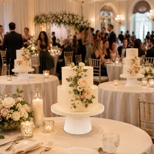 May include: A two-tier white cake decorated with light pink and cream-colored roses and green foliage, resting on a white fluted cake stand. The cake is placed on a round table set with a white tablecloth, a glass candle holder, and dinnerware.