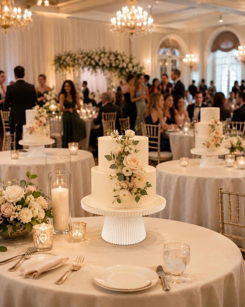 May include: A two-tier white cake decorated with light pink and cream-colored roses and green foliage, resting on a white fluted cake stand. The cake is placed on a round table set with a white tablecloth, a glass candle holder, and dinnerware.