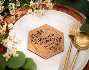Personalized coaster favors in bulk, classic wedding guests gift, engraved wooden coasters, wedding table decor, bridal shower save the date