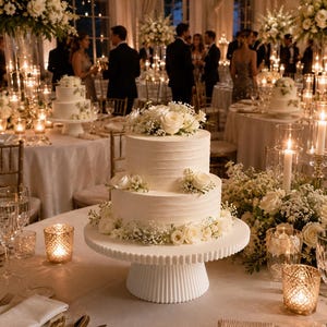May include: A two-tier white wedding cake with horizontal textured frosting, decorated with fresh white roses and baby's breath flowers, displayed on a white fluted pedestal cake stand in the center of a formal dining table setting.