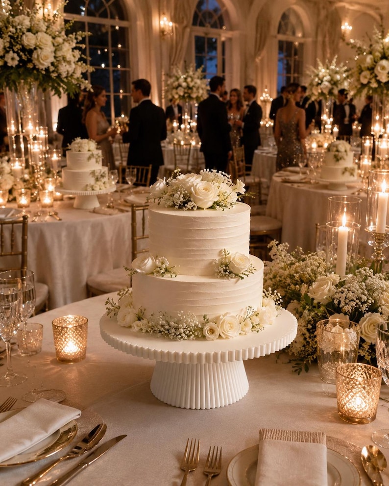 May include: A two-tier white wedding cake with horizontal textured frosting, decorated with fresh white roses and baby's breath flowers, displayed on a white fluted pedestal cake stand in the center of a formal dining table setting.