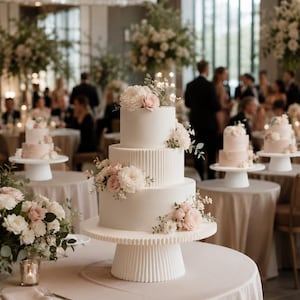 May include: A three-tiered white wedding cake on a fluted pedestal stand, decorated with soft pink and white roses and greenery. The middle tier features a vertical ribbed texture, while the top and bottom tiers are smooth, set on a table.