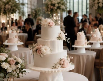 Soporte para pastel de bodas, pedestal blanco para pastel, soporte para postres acanalado, expositor para pastel de despedida de soltera, soporte moderno para centro de mesa de fiesta