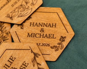 Rustic wedding table decor, bulk personalized wooden coasters, rehearsal dinner save the date