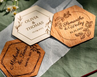 Set of 150 keepsake personalized coasters, custom wedding table decor, wooden engraved coasters in bulk, classic bridal shower favors