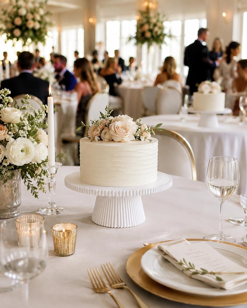 May include: A round white cake with a textured horizontal wave pattern on the sides, topped with a cluster of pale pink roses and greenery, displayed on a white fluted pedestal cake stand on a table set with gold-rimmed plates and candles.