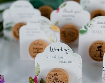 Garden bridal shower favors in bulk, custom wine bottle stoppers, engraved wine bottle corks, wedding guest gifts, unique thanks you card
