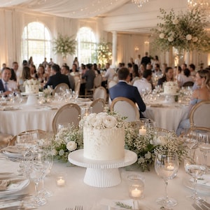 May include: A white tiered cake stand with a fluted base holding a round white cake topped with white flowers and greenery. The cake is centered on a table set with white linens, glassware, silverware, and small votive candles in a large room.