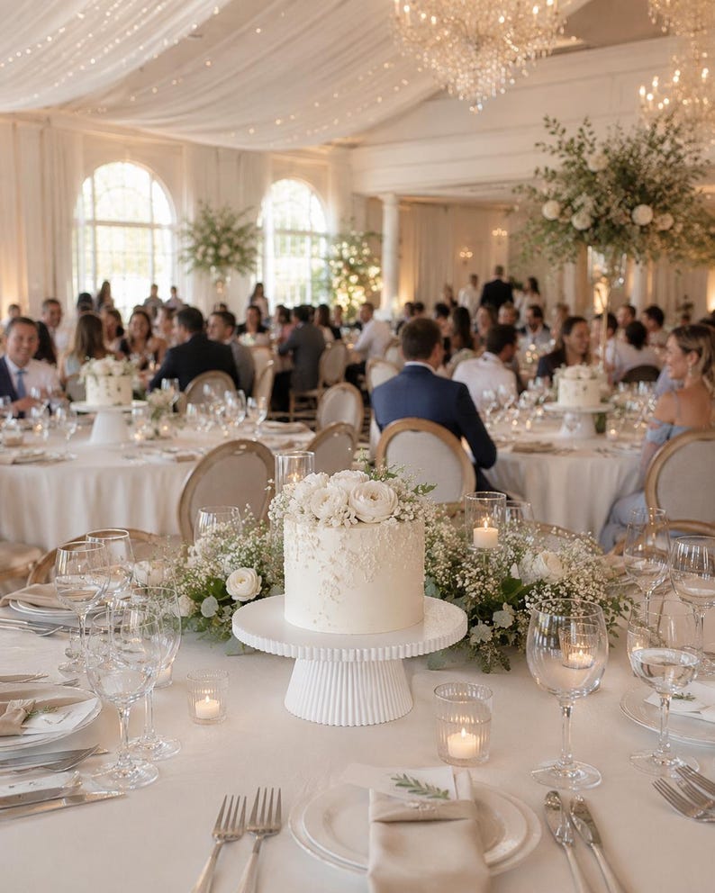 May include: A white tiered cake stand with a fluted base holding a round white cake topped with white flowers and greenery. The cake is centered on a table set with white linens, glassware, silverware, and small votive candles in a large room.