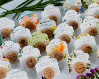 Personalized wine cork wedding favors, bulk custom bottle stoppers, bridal shower guest thank you gifts