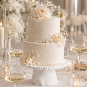 Op de afbeelding: Een witte taart met twee lagen, versierd met kleine eetbare parels en verse crèmekleurige rozen met gipskruid. De taart staat op een witte geribbelde taartstandaard en is voorzien van glad glazuur en een parelrand aan de basis van elke laag.