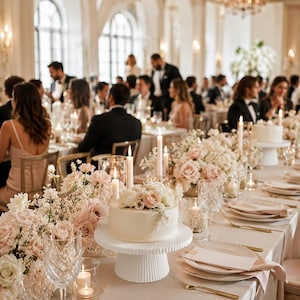 May include: A white round cake on a fluted pedestal stand, topped with pale pink and white roses. The table is set with crystal glassware, gold cutlery, white plates, and floral centerpieces in a large room with arched windows and chandeliers.
