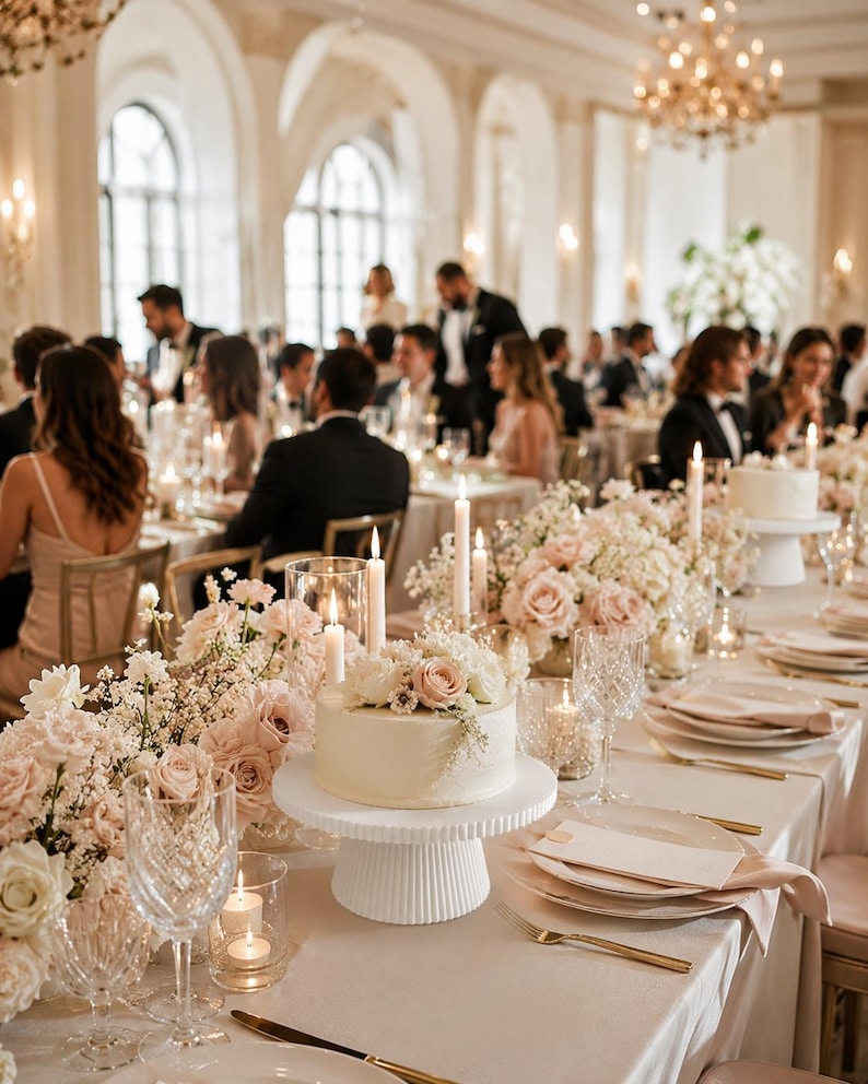 May include: A white round cake on a fluted pedestal stand, topped with pale pink and white roses. The table is set with crystal glassware, gold cutlery, white plates, and floral centerpieces in a large room with arched windows and chandeliers.