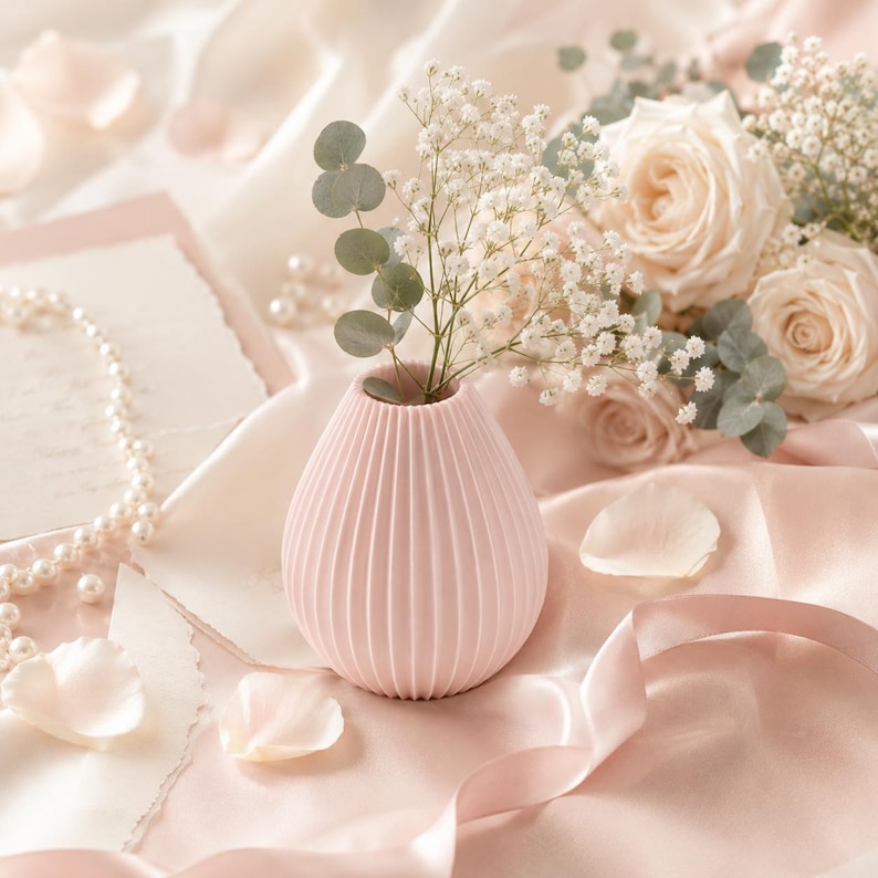Puede incluir: Un peque&ntilde;o jarr&oacute;n rosa p&aacute;lido, acanalado, contiene flores blancas y follaje. El jarr&oacute;n est&aacute; sobre una tela rosa suave, con p&eacute;talos de rosa dispersos, un collar de perlas y un ramo de rosas crema en el fondo. La escena evoca elegancia.