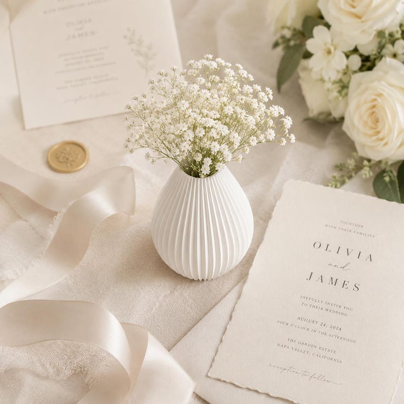 Puede incluir: Un jarr&oacute;n de cer&aacute;mica blanco acanalado con peque&ntilde;as flores blancas, invitaciones de boda y un sello de cera dorado. La invitaci&oacute;n dice "Olivia y James" y la fecha "24 de agosto de 2024". Cintas suaves y rosas blancas completan la escena.