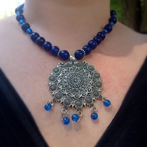 Lapis Lazuli Natural Stone Necklace,Navy Blue Gemstone ,Elegant Statement Necklace,Silver Pendant Gift for Valentines Day, Gift for Her