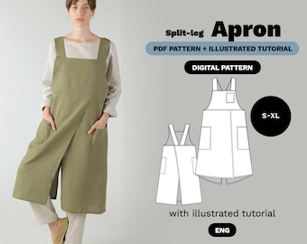 May include: An olive green split-leg apron with large front pockets is modeled. The image includes a diagram of the apron and text that reads "Split-leg Apron, PDF Pattern + Illustrated Tutorial, Digital Pattern, S-XL, with illustrated tutorial, ENG."