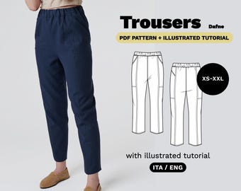 Dafne Pants Sewing Pattern PDF | Elastic Waist Pants Pattern Pdf | Easy Straight Leg Trousers Pattern | XS-XXL | Instant Download, A0, A4