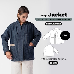 May include: A denim utility jacket with a relaxed fit, featuring large front pockets and a contrasting beige panel. The image includes a digital pattern with an illustrated tutorial, available in sizes XS-XL. The text on the image says "Utility Jacket".