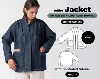 Chore Jacket Sewing Pattern Pdf (XS–XL) | Unisex Workwear Kimono Style, Patch Pockets, Tie Front | A0 + A4 Instant Download | Easy Sewing
