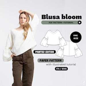 Blüten Bluse BEDRUCKT Schnittmuster | A0 Papier Schnittmuster mit Video Anleitung | Schnittmuster einer Bluse für Frauen | Einheitsgröße | Leinen Bluse Muster
