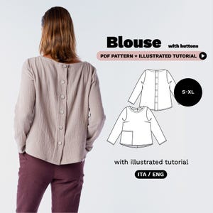 Patrón de costura de blusa con botones en PDF / Patrones de costura fáciles para mujer / Tallas S-XL / Descarga instantánea / A0, A4, Videotutorial, Instrucciones fáciles en PDF