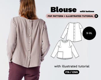 Buttons Blouse Sewing Pattern PDF | Easy Sewing Patterns for Women | S-XL | Instant Download | A0, A4, Video Tutorial, Easy Instructions PDF