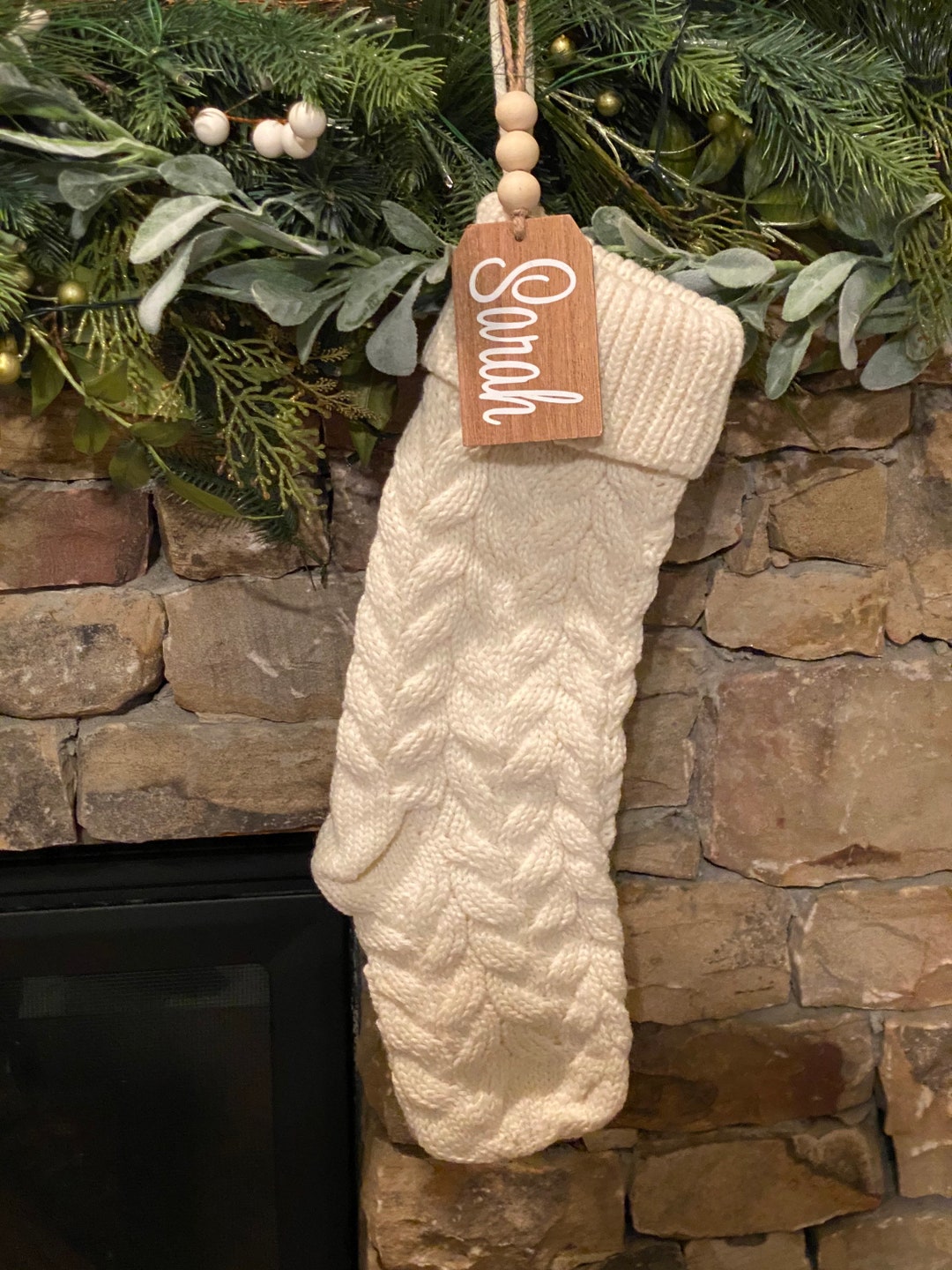 Ivory Cable Knit Stocking With Wooden Beaded Name Tag Etsy