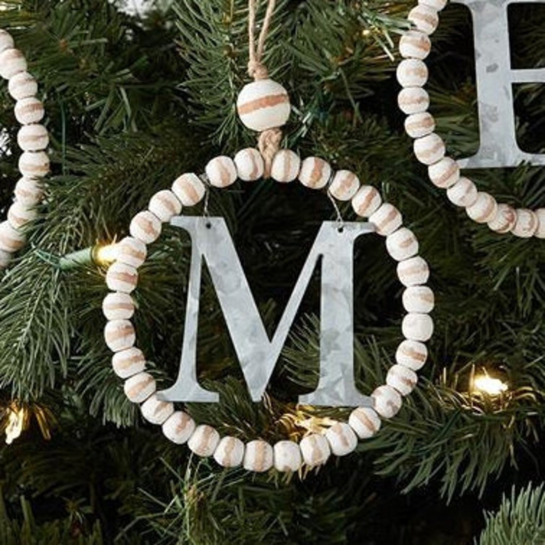 SALE Wooden Beaded and Metal Initial Christmas Ornament Etsy