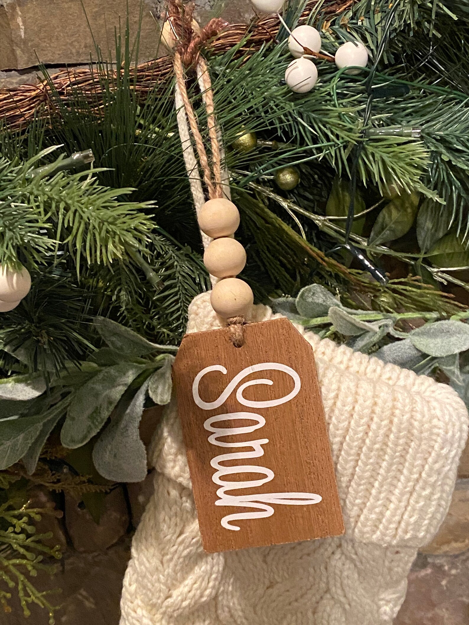 Ivory cable knit stocking with wooden beaded name tag Etsy