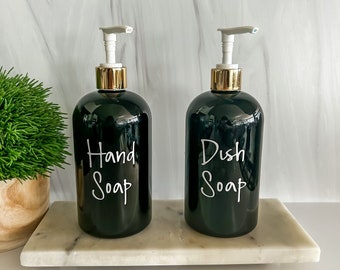 Modern Glass Apothecary Refillable Hand Soap and hand lotion Pump Dispensers with marble riser