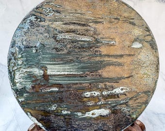 Wood-Fired Ceramic Disc with Unique Brown, Dark Green & White Textures, Nature-inspired Ceramic Art, Home Decor with Display Stand