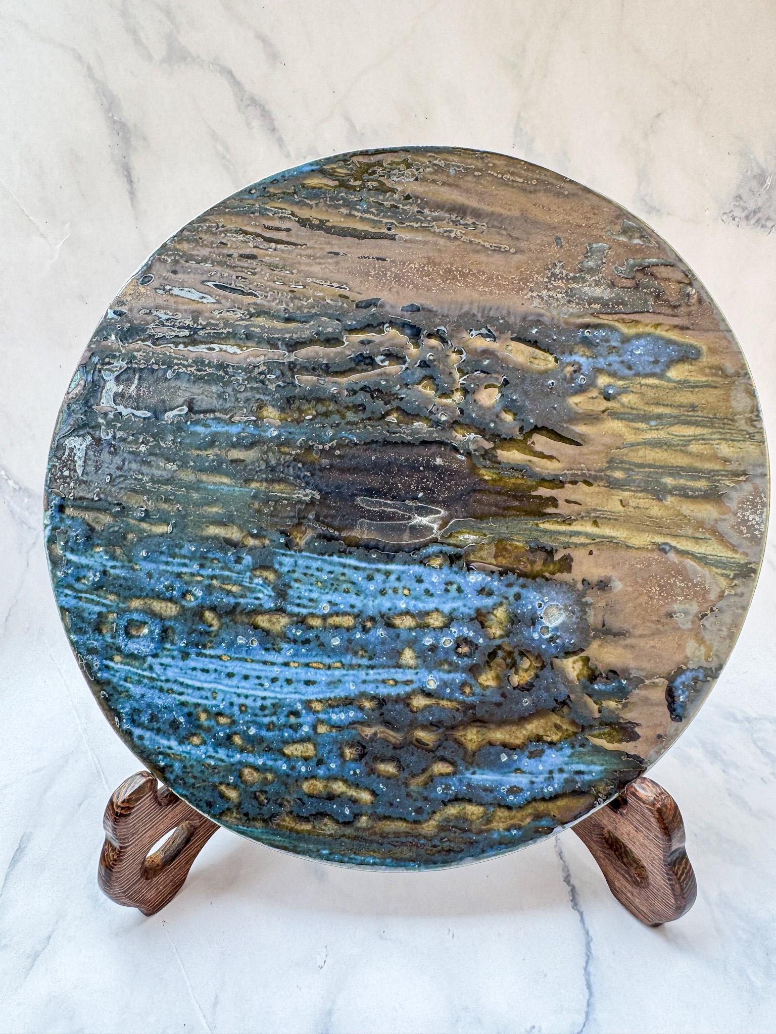 Wood Fired Ceramic Disc with Unique Blue & Gold Textures, Desert-Ocean Natural-inspired Art, Home Decor Wall Art with Display Stand