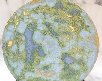Wood-Fired Ceramic Disc with Monet-Inspired Water Lily Design, Blue-Green & Gold Tones, Decorative Ceramic Wall Art with Display Stand