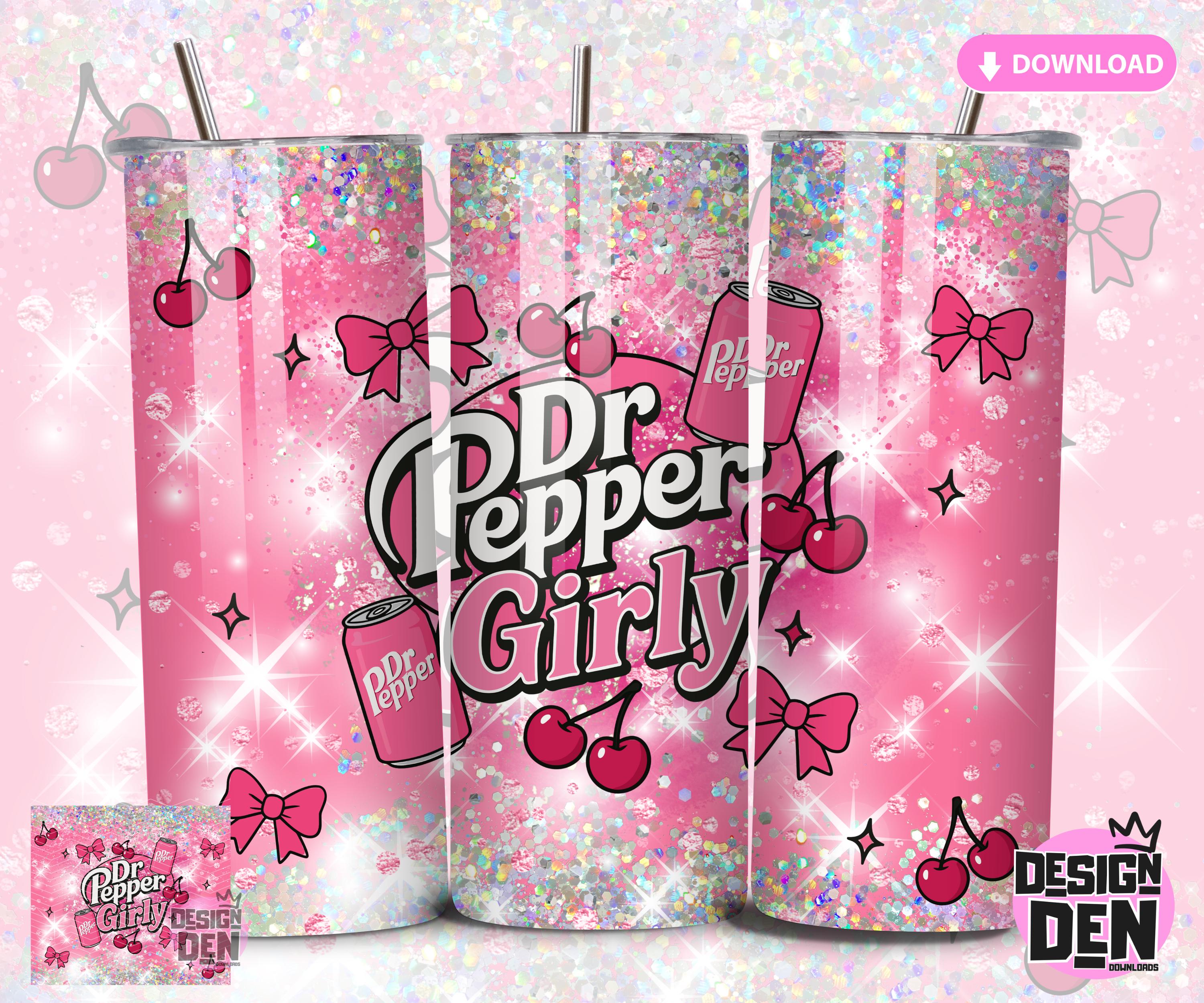 Trendy cherry Dr. Pepper Girly. Pink Bow-Tied Bottle Drinks Wrap for 20oz Tumblers, soda pattern, bows. Download PNG, Design, Sublimation.