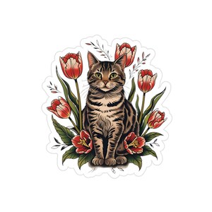 Charming Tabby Cat & Flower Die-Cut Sticker, Cute Cat Stickers for Animals Lovers, Laptop Decal, Car Accessory, Gift for Cat Owners