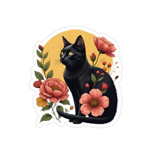 Black Cat Floral Sticker | Die-Cut Outdoor Decal for Nature Lovers, Car, Water Bottle, Laptop, Journals, House Cat